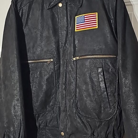 Burks Bay Black Leather Bomber Jacket with American Flag Patch Size Large - Picture 6 of 14